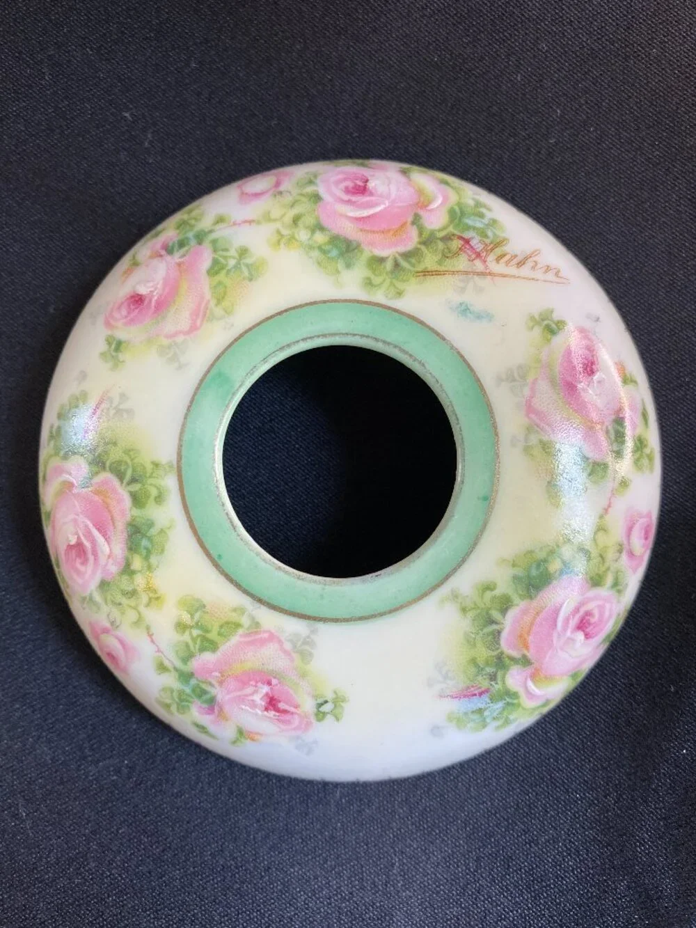 Antique Royal Rundlstadt Porcelain Hair Receiver Green with Roses 1905-1931